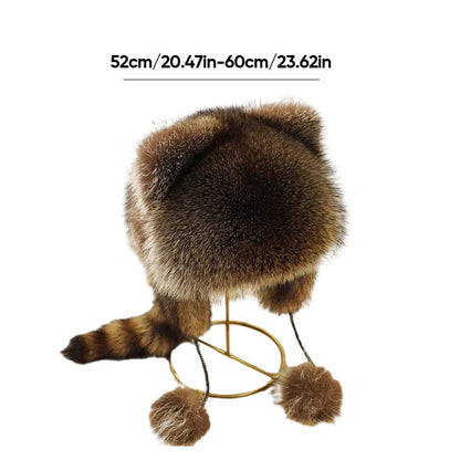 🦝Chapeau en peluche parent-enfant avec fausse queue de raton laveur☃️