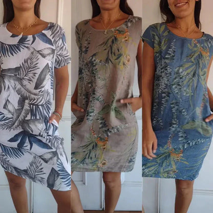 📢📢50 % de réduction !! ⏰⏰🍀 Robe à Col Rond à Imprimé Botanique – Vente de Printemps – Tissu Léger, Motif Naturel & Coupe Décontractée 🌸