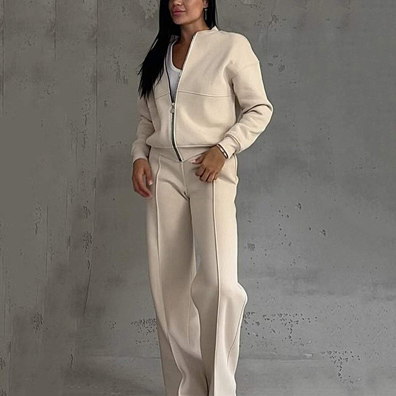 Offre spéciale 🔥Ensemble deux pièces à coupe décontractée pour femmes - veste à fermeture éclair et pantalon à large jambe