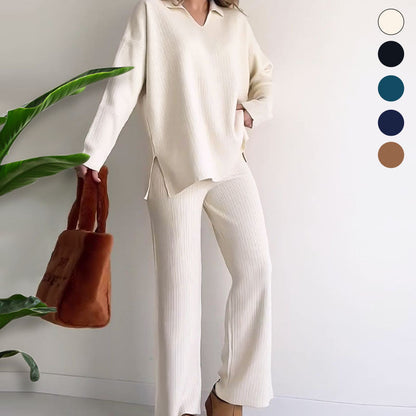 🔥LIVRAISON GRATUITE🔥Costume en tricot extensible confortable à col en V pour femme (haut + pantalon)