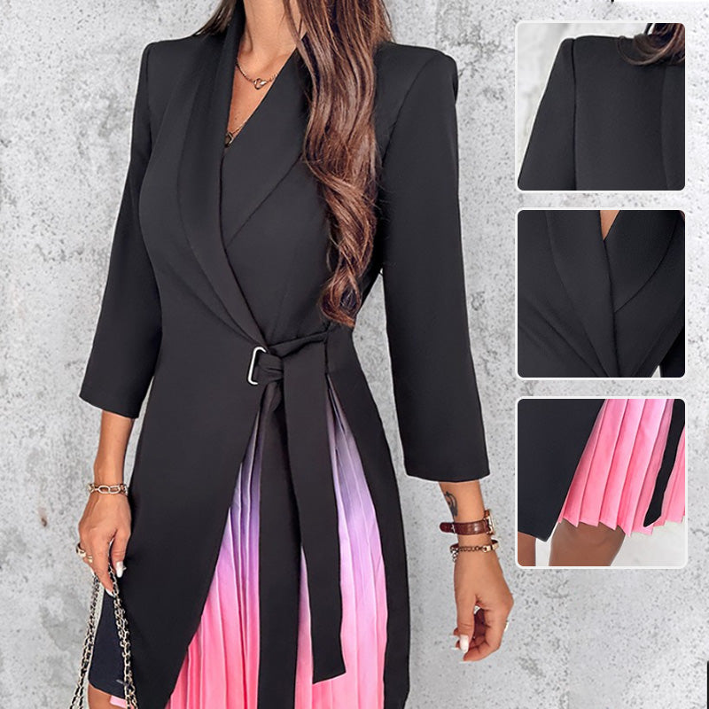 🔥Robe blazer nouée à la taille et plissée, col à revers, Ombre