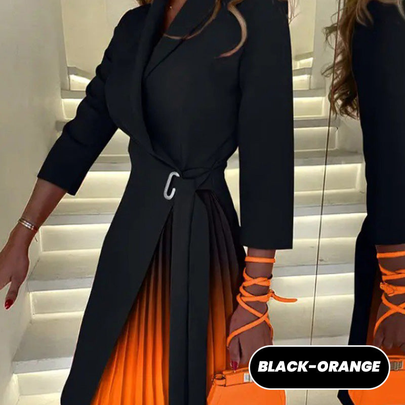 🔥Robe blazer nouée à la taille et plissée, col à revers, Ombre