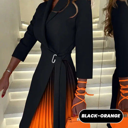 🔥Robe blazer nouée à la taille et plissée, col à revers, Ombre