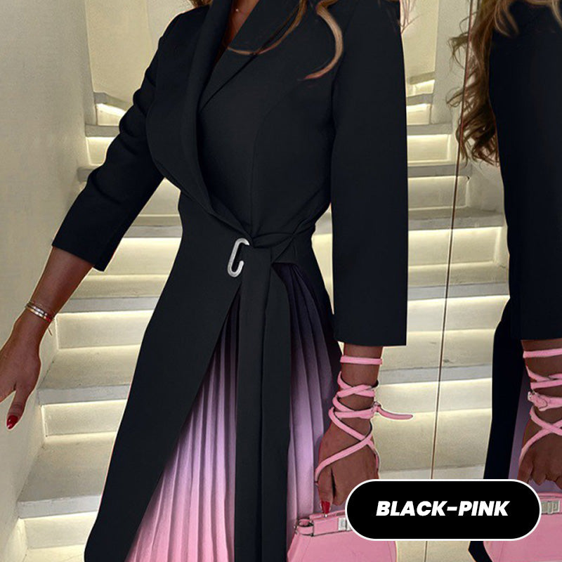 🔥Robe blazer nouée à la taille et plissée, col à revers, Ombre