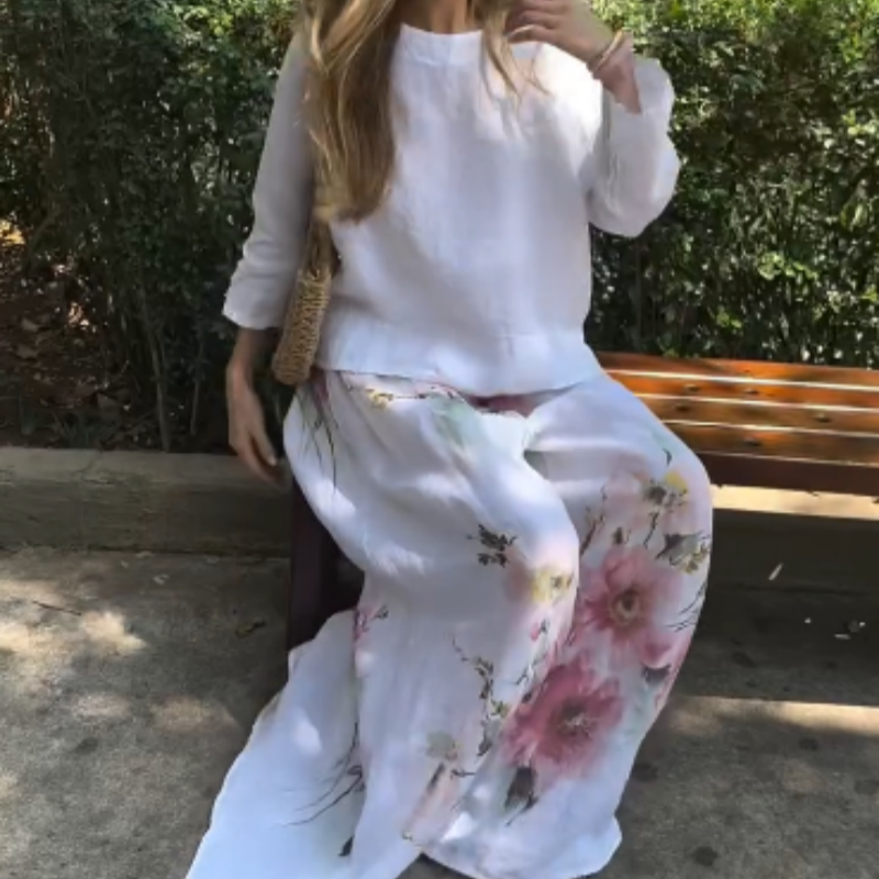 🔥Ensemble deux pièces avec haut uni et pantalon large fleuri🌸