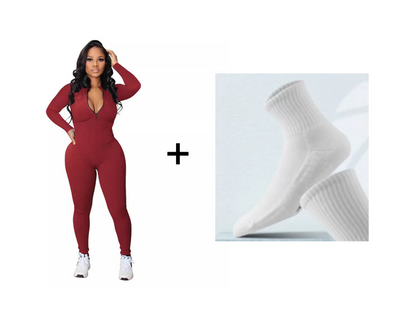 Solid Color Half Zip Seamless Jumpsuit