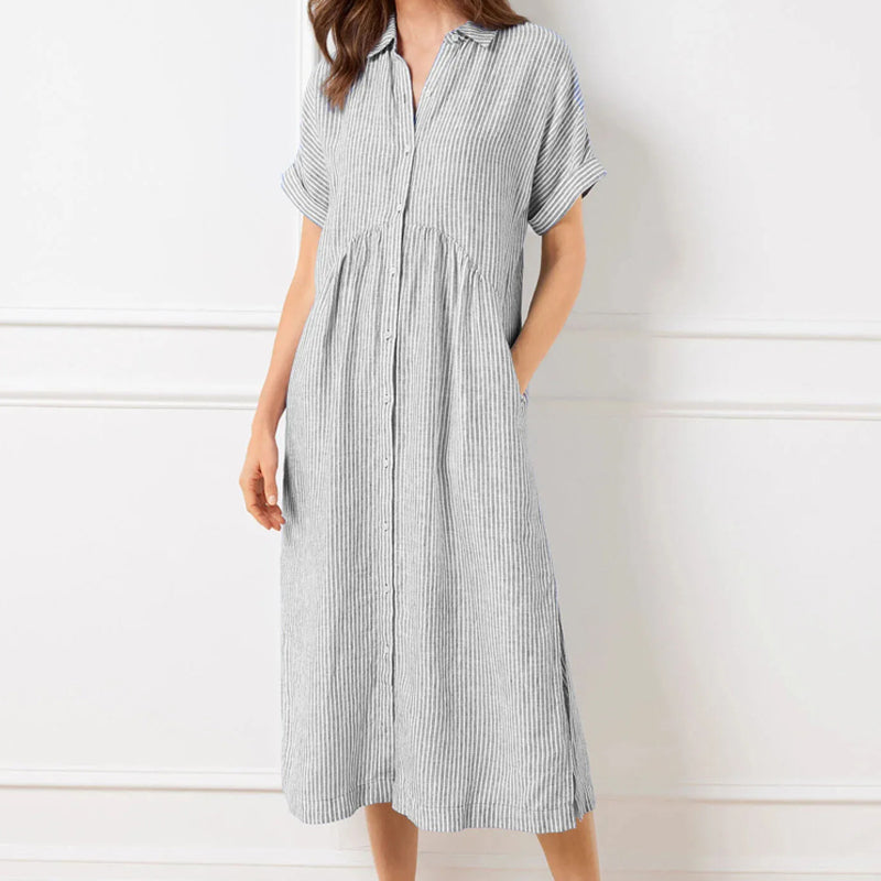 💎💃Robe Chemise Rayée à Revers et Boutons – Poches Fonctionnelles, Coupe Loose & Élégance Intemporelle🌟👗