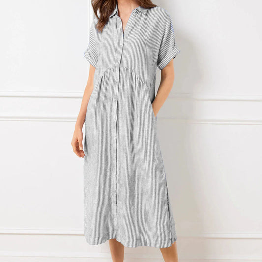 💎💃Robe Chemise Rayée à Revers et Boutons – Poches Fonctionnelles, Coupe Loose & Élégance Intemporelle🌟👗