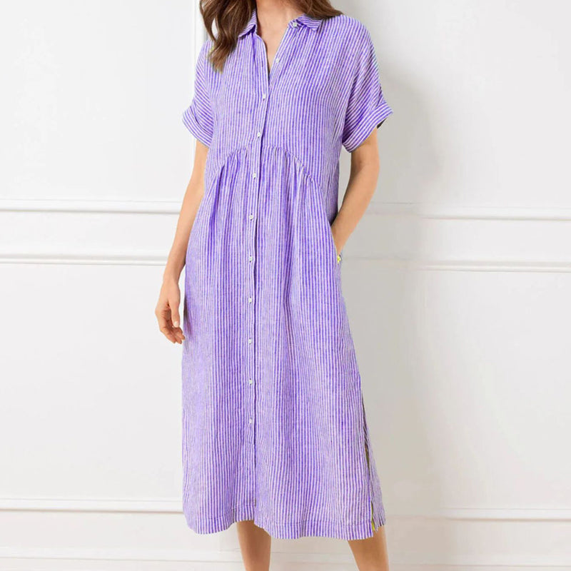 💎💃Robe Chemise Rayée à Revers et Boutons – Poches Fonctionnelles, Coupe Loose & Élégance Intemporelle🌟👗