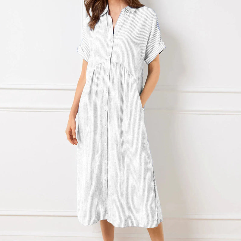 💎💃Robe Chemise Rayée à Revers et Boutons – Poches Fonctionnelles, Coupe Loose & Élégance Intemporelle🌟👗