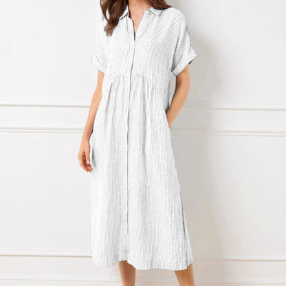 💎💃Robe Chemise Rayée à Revers et Boutons – Poches Fonctionnelles, Coupe Loose & Élégance Intemporelle🌟👗