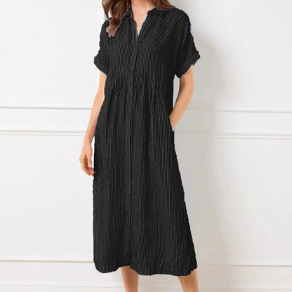 💎💃Robe Chemise Rayée à Revers et Boutons – Poches Fonctionnelles, Coupe Loose & Élégance Intemporelle🌟👗