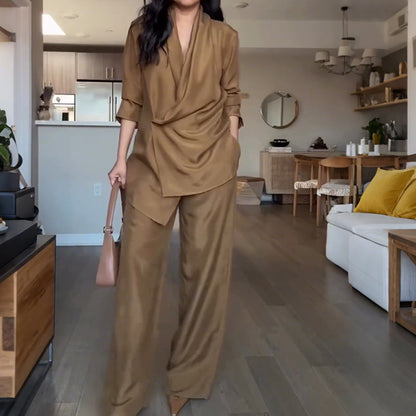 🚚Livraison à domicile✨Haut à Col en V et Pantalon Long à Jambes Larges