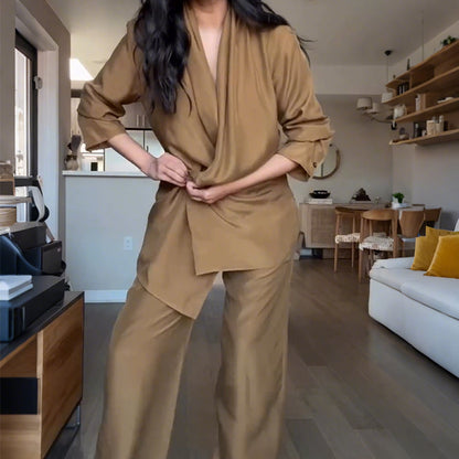 🚚Livraison à domicile✨Haut à Col en V et Pantalon Long à Jambes Larges