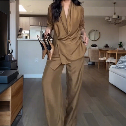 🚚Livraison à domicile✨Haut à Col en V et Pantalon Long à Jambes Larges