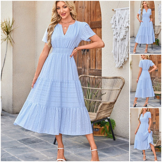 🔥Hot Sale 50% OFF👗Robes longues décontractées à manches courtes et à col en V pour femmes