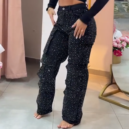 💎  Pantalon large à poches pour femmes, orné de diamants | Léger et élégant  ✨