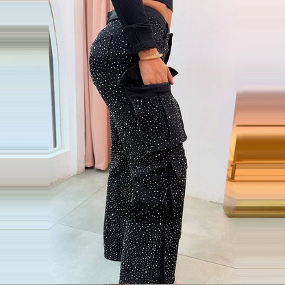 💎  Pantalon large à poches pour femmes, orné de diamants | Léger et élégant  ✨