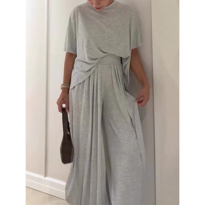 Ensemble 2 pièces en couleur unie pour femme : haut ample à manches courtes et pantalon à jambes larges