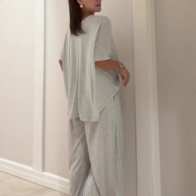 Ensemble 2 pièces en couleur unie pour femme : haut ample à manches courtes et pantalon à jambes larges