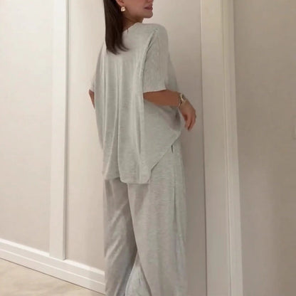 Ensemble 2 pièces en couleur unie pour femme : haut ample à manches courtes et pantalon à jambes larges