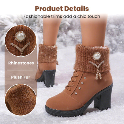 👢 Bottines Femme à Talon Épais - Intérieur Doublé de Fausse Fourrure, Semelle Antidérapante - Style Élégant pour Toutes Occasions