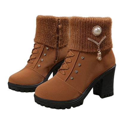 👢 Bottines Femme à Talon Épais - Intérieur Doublé de Fausse Fourrure, Semelle Antidérapante - Style Élégant pour Toutes Occasions