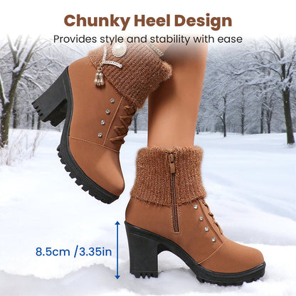👢 Bottines Femme à Talon Épais - Intérieur Doublé de Fausse Fourrure, Semelle Antidérapante - Style Élégant pour Toutes Occasions