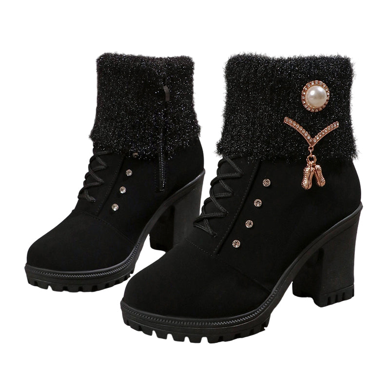 👢 Bottines Femme à Talon Épais - Intérieur Doublé de Fausse Fourrure, Semelle Antidérapante - Style Élégant pour Toutes Occasions