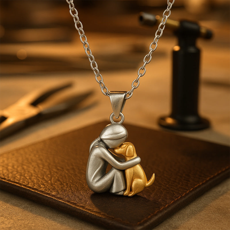 Petite Fille Câlinant un Chien – Clous d’Oreilles et Collier