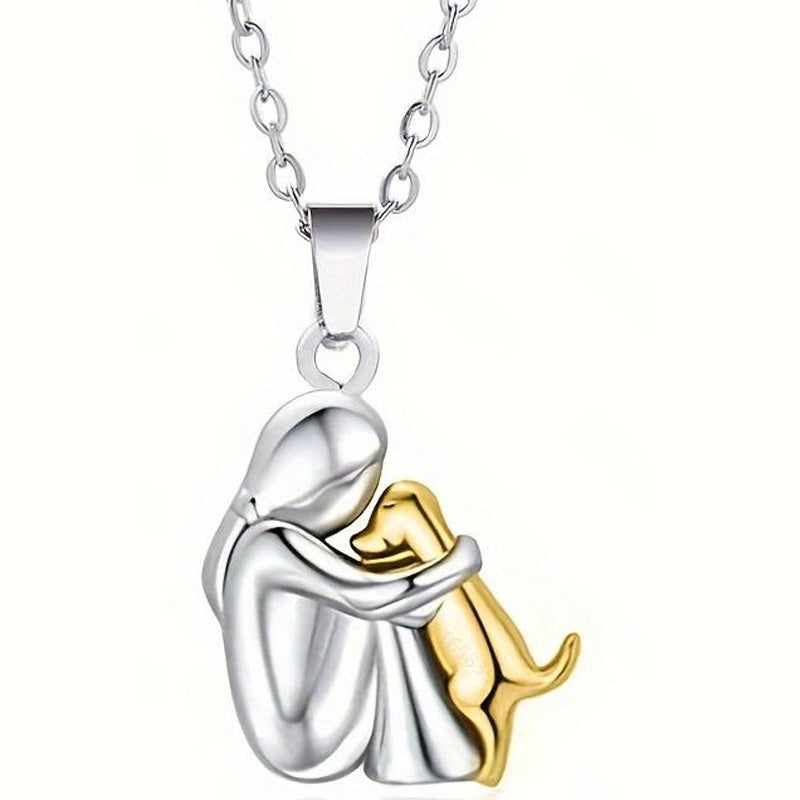 Petite Fille Câlinant un Chien – Clous d’Oreilles et Collier