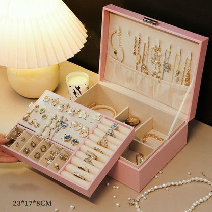 Boîte à bijoux de grande capacité en cuir PU pour boucles d’oreilles et colliers avec serrure