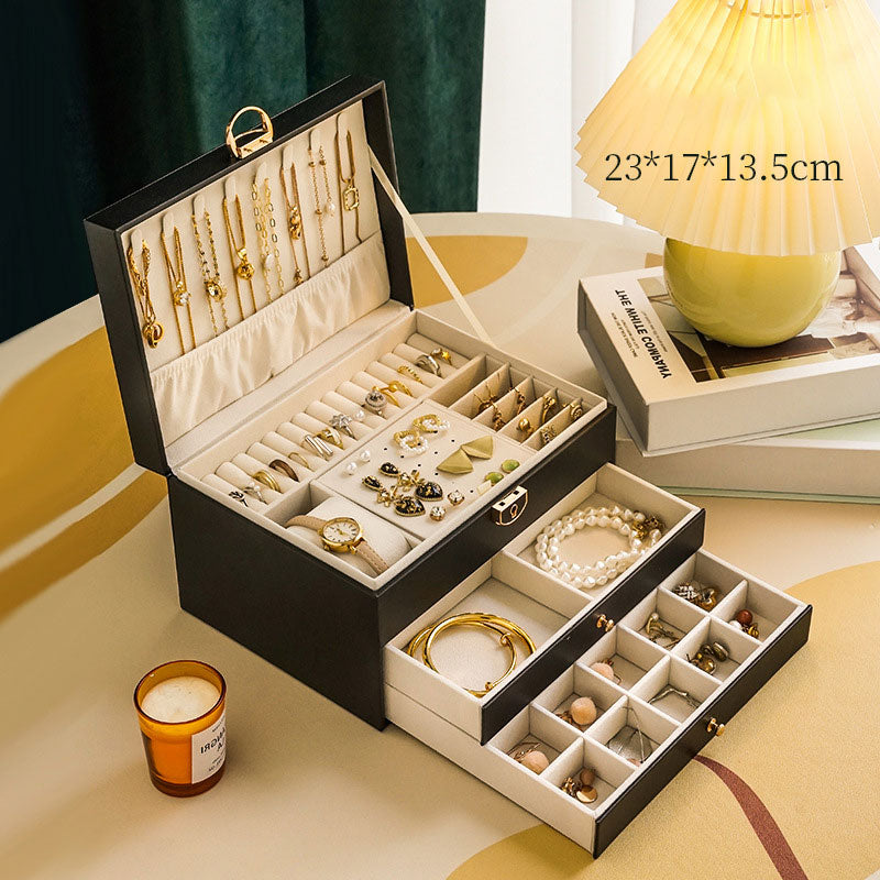 Boîte à bijoux de grande capacité en cuir PU pour boucles d’oreilles et colliers avec serrure