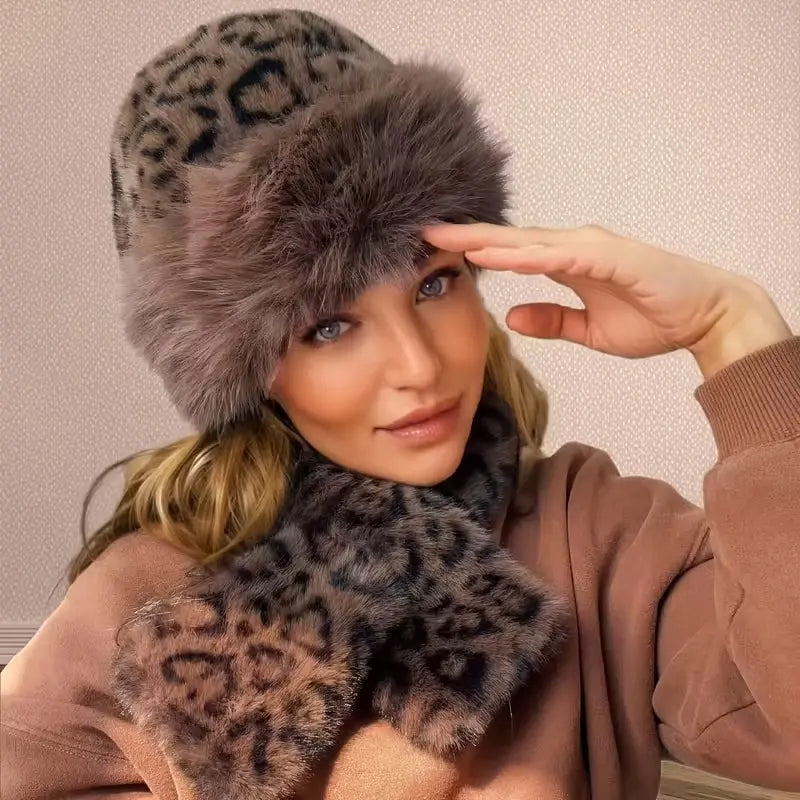 Ensemble 2 Pièces – Bonnet et Écharpe en Peluche à Imprimé Léopard