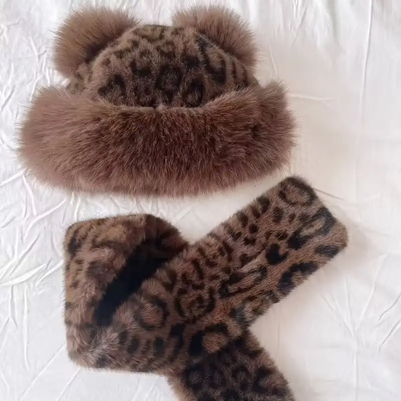 Ensemble 2 Pièces – Bonnet et Écharpe en Peluche à Imprimé Léopard