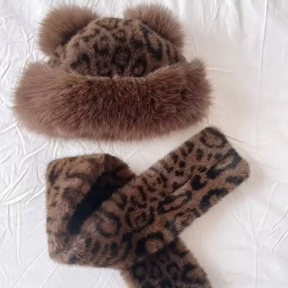 Ensemble 2 Pièces – Bonnet et Écharpe en Peluche à Imprimé Léopard