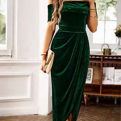 Robe longue élégante à épaules dénudées et froncée pour femm