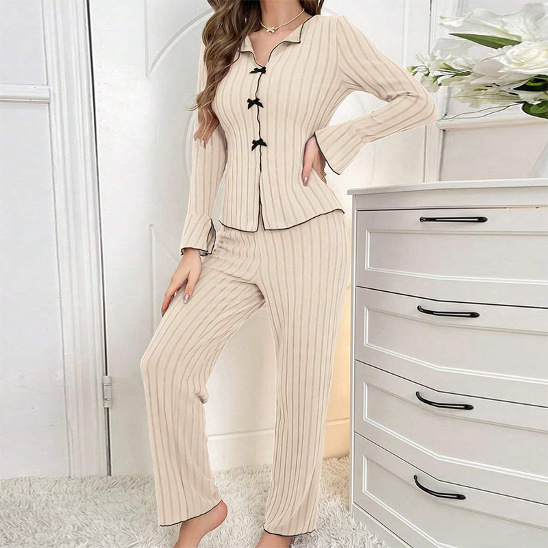 🔥Prix le plus bas pour une durée limitée⚡ Ensemble pyjama femme en maille côtelée avec col à revers & nœuds.