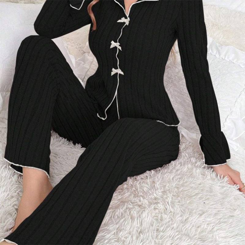 🔥Prix le plus bas pour une durée limitée⚡ Ensemble pyjama femme en maille côtelée avec col à revers & nœuds.