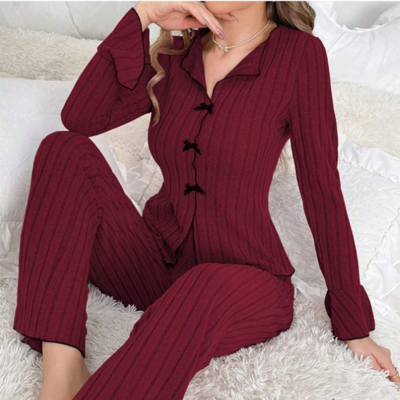 🔥Prix le plus bas pour une durée limitée⚡ Ensemble pyjama femme en maille côtelée avec col à revers & nœuds.
