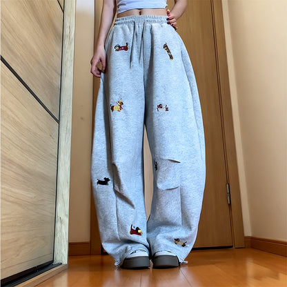 Pantalon de jogging ample à cordon de serrage avec broderie de chiot