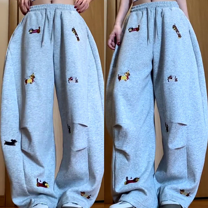 Pantalon de jogging ample à cordon de serrage avec broderie de chiot