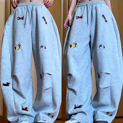 Pantalon de jogging ample à cordon de serrage avec broderie de chiot