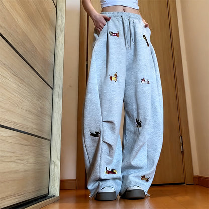 Pantalon de jogging ample à cordon de serrage avec broderie de chiot