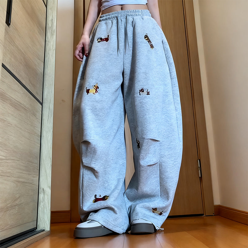Pantalon de jogging ample à cordon de serrage avec broderie de chiot