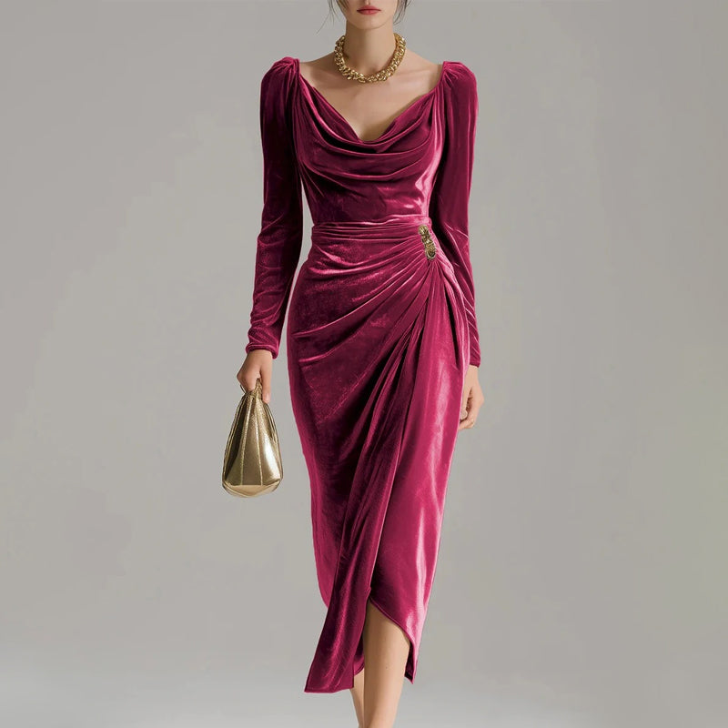 ❄️ Soldes d'hiver - 51% de réduction 👗👚Robe à manches longues avec col, froncée et fendue