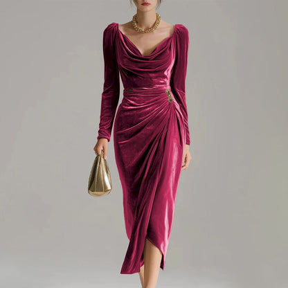 ❄️ Soldes d'hiver - 51% de réduction 👗👚Robe à manches longues avec col, froncée et fendue