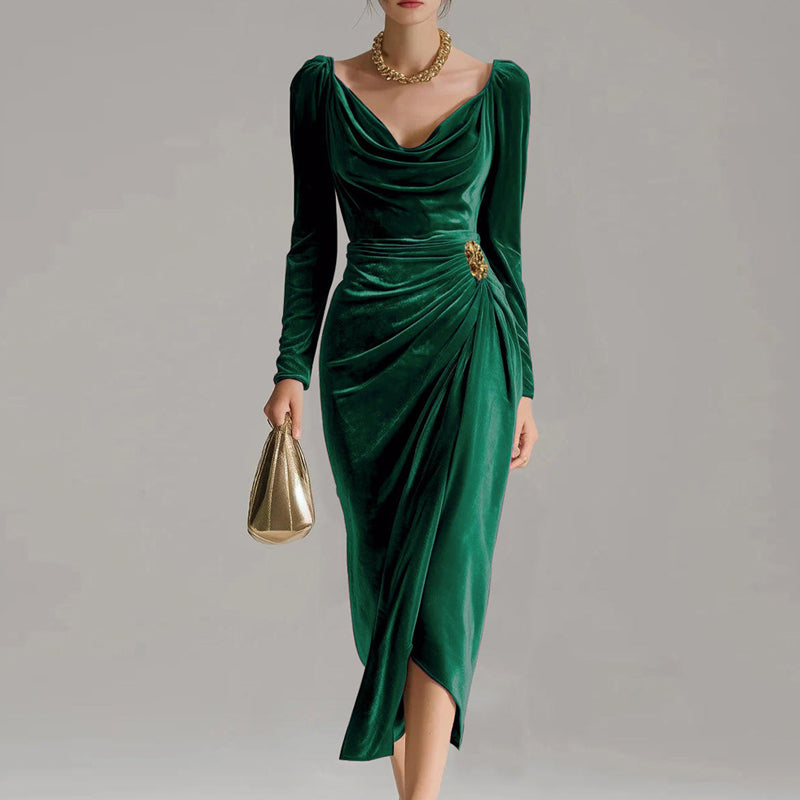 ❄️ Soldes d'hiver - 51% de réduction 👗👚Robe à manches longues avec col, froncée et fendue