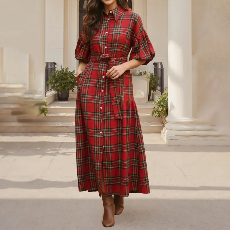 Robe chemise longue à carreaux décontractée pour femme
