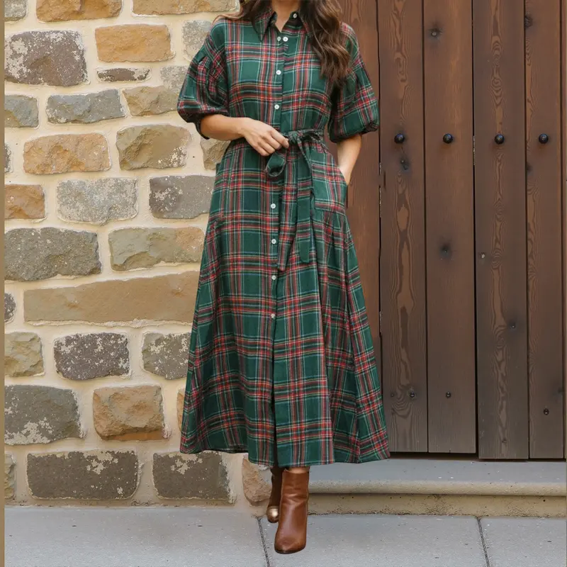 Robe chemise longue à carreaux décontractée pour femme